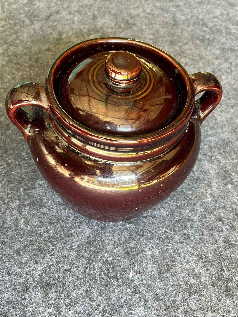 Vintage Brown Ceramic 1 Qt Bean Pot Casserole w/ Lid Double Handles 8 in